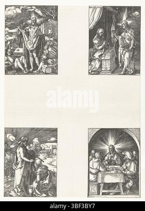 Nuremberg, Dürer, Albrecht, la petite passion, Résurrection, le Christ apparaît à sa mère, le Christ apparaît à Marie-Madeleine, le Christ dans Emmaus, la huitième série de quatre scènes de la série 'de kleine passive', ici non découpée avec 4 images sur 1 feuille. En haut à gauche : Christ debout à côté de sa tombe, entouré de soldats endormis. En haut à droite : le Christ salue sa mère Marie, agenouillée devant un lecteur. En bas à gauche : Christ, habillé en jardinier, salue Marie Madeleine. En bas à droite : Christ casse le pain à la table avec quatre messieurs à Emmaus., impression, hauteur 127 mm, largeur 97 mm, hauteur 35 Banque D'Images