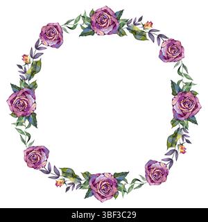 Couronne d'aquarelle de fleur de rose pourpre pour mariage, anniversaire, carte, fond, invitation, papier peint, autocollant, décoration etc. Banque D'Images