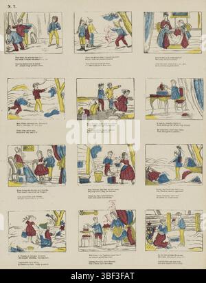 Europe, Turnhout, Beersmaens, Franciscus Antonius, Kinderbezigen, Europe, verso - estampillé, feuille avec 12 représentations d'activités pour enfants, y compris le jeu, la lecture et le travail de jardin. Sous chaque représentation un couplet de deux lignes en néerlandais et en français. Numéroté en haut à gauche : n. 7., impression, impressions folkloriques, impressions, hauteur 429 mm, largeur 325 mm, publication (événement), publication, 1840-06-14 - 1897-01-25, éditeur, 1866 - 1902, papier, gravure sur bois, couleurs, typographie, bookprint, imprimeur, imprimeur Banque D'Images