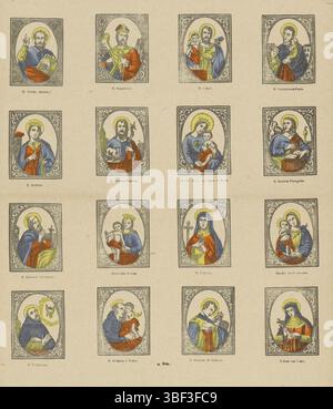 Europe, Turnhout, Beersmaens, Franciscus Antonius, Heiligen, Europe, verso - estampillé, feuille avec 16 portraits de saints dans des cadres ornementaux, tels que Pierre, Augustin, Jean le Baptiste et Franciscus. Sous chaque image une légende. Numéroté au milieu ci-dessous : n 28., impression, impressions folkloriques, impressions, hauteur 431 mm, largeur 330 mm, publication (événement), publication, 1840-06-14 - 1897-01-25, éditeur, 1866 - 1902, papier, gravure sur bois, couleurs, typographie, bookprint, imprimeur, imprimeur Banque D'Images