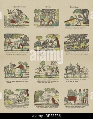 Europe, Turnhout, Beersmaens, Franciscus Antonius, Proverbes, Europe, verso - estampillé, feuille avec 12 imaginations de proverbes. Sous chaque représentation une règle en néerlandais et en français. Haut du milieu numéroté : no 49, impression, impression folklorique, impressions, impressions folkloriques, hauteur 426 mm, largeur 325 mm, publication (événement), publication, 1840-06-14 - 1897-01-25, éditeur, 1866 - 1902, papier, gravure sur bois, couleurs, impression typographique, livret, imprimeur, imprimeur Banque D'Images