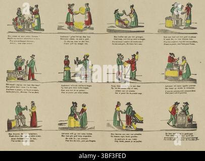 Europe, Turnhout, Beersmaens, Franciscus Antonius, Markten, marchés, Europe, verso - estampillé, feuille avec 12 représentations de vendeurs de rue. Sous chaque représentation un couplet de deux lignes en néerlandais et en français. Haut du milieu numéroté : n. 53., impression, impressions folkloriques, impressions, hauteur 314 mm, largeur 430 mm, publication (événement), publication, 1840-06-14 - 1897-01-25, éditeur, 1866 - 1902, papier, gravure sur bois, couleurs, typographie, bookprint, imprimeur, imprimeur Banque D'Images