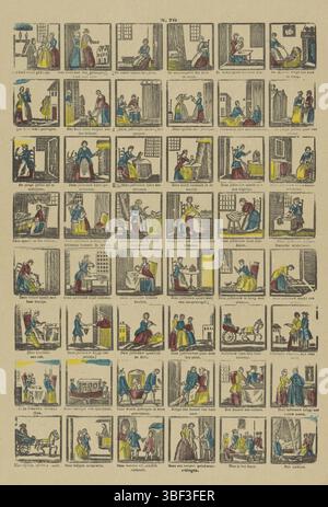 Europe, Turnhout, Beersmaens, Franciscus Antonius, la vie d'une femme, Europe, verso - estampillé, feuille avec 48 représentations des différentes étapes de la vie d'une femme, du baptême à la mort. Sous chaque image une légende. Haut du milieu numéroté : n. 70., impression, impressions folkloriques, impressions, hauteur 421 mm, largeur 282 mm, publication (événement), publication, 1840-06-14 - 1897-01-25, éditeur, 1866 - 1902, papier, gravure sur bois, couleurs, typographie, bookprint, imprimeur, imprimeur Banque D'Images