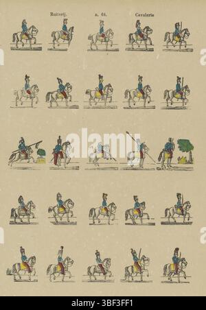 Europe, Turnhout, Beersmaens, Franciscus Antonius, Ruiterij, cavalerie, Europe, verso - estampillé, feuille avec 25 représentations de soldats à cheval. Numéroté au milieu : n. 64, impression, impressions folkloriques, impressions, hauteur 430 mm, largeur 322 mm, publication (événement), publication, 1840-06-14 - 1897-01-25, éditeur, 1866 - 1902, papier, gravure sur bois, couleurs, typographie, bookprint, imprimeur, imprimeur Banque D'Images