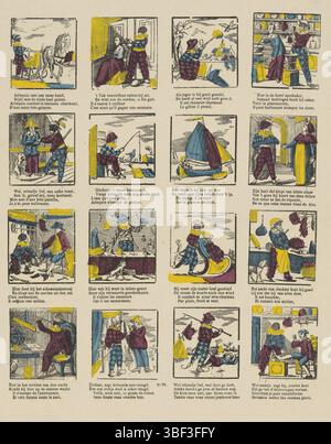 Europe, Turnhout, Beersmaens, Franciscus Antonius, Arlequin, Europe, verso - estampillé, feuille avec 16 représentations sur la vie d'Arlequin. Sous chaque image un verset de deux lignes en néerlandais et en français. Fond du milieu numéroté : no 91., impression, impressions folkloriques, impressions, hauteur 422 mm, largeur 303 mm, publication (événement), publication, 1840-06-14 - 1897-01-25, éditeur, 1866 - 1902, papier, gravure sur bois, couleurs, typographie, bookprint, imprimeur, imprimeur Banque D'Images
