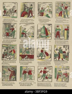 Europe, Turnhout, Beersmaens, Franciscus Antonius, Arlequin, Europe, verso - estampillé, feuille avec 16 représentations sur la vie d'Arlequin. Sous chaque image un verset de deux lignes en néerlandais et en français. Fond du milieu numéroté : no 91., impression, impression folklorique, impressions, impressions folkloriques, hauteur 420 mm, largeur 305 mm, publication (événement), publication, 1840-06-14 - 1897-01-25, éditeur, 1866 - 1902, papier, gravure sur bois, couleurs, impression typographique, livret, imprimeur, imprimeur Banque D'Images