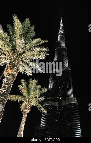 Burj Khalifa et palmiers avec décoration de noël la nuit, vue depuis le sol Banque D'Images