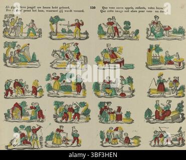 Turnhout, Brepols, Philip James, si tu es, ô chère jeunesse ! Your Lessons Have Learn, then they deez' print the Wages, that you are Honoré, que vous apprendrez, enfants, votre leçon, que cette image soit allors pour vous un don, verso - stamps, Sheet avec 20 représentations de différents jeux et activités pour enfants, y compris le jeu de harpe, l'équitation et l'alimentation des poulets. Haut du milieu numéroté : 120., impression, impressions folkloriques, hauteur 309 mm, largeur 385 mm, publication (Event), publication, belge, 1778 - 1845, éditeur, 1800 - 1833, papier, gravure sur bois, couleurs, typographie, bookpr Banque D'Images