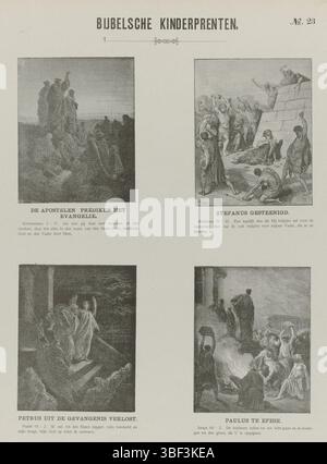 Amsterdam, Vlieger, Jan, Doré, Gustave, Ettling, Jacques, Pannemaker, Adolphe François, Pisan, Héliodore Joseph, Bible Children's Prints, Amsterdam, verso - estampillé, feuille avec 4 images d'histoires du Nouveau Testament. Les apôtres prêchent l'évangile, la lapidation d'Étienne, la libération de Pierre par l'ange et Paul prêche à Éphèse. Sous chaque image un texte biblique. Numéroté en haut à droite : n° 23., impression, impressions folkloriques, impressions, hauteur 430 mm, largeur 346 mm, français, 1822-07 - 1890, graveur, 1869 - 1908, papier, héliogravure, typographie, impression de livres, 1822-07-30 - 1900-02-09, 1832 - Banque D'Images