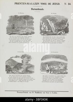 Pays-Bas, Leiden, Noothoven van Goor, Dirk, physique, entrepôt de tirages pour les jeunes, Waterhoos, icebergs, geiser en noorderlicht, pays-Bas, verso - estampillé, feuille avec 4 performances de phénomènes naturels : un cerceau d'eau, un geyser et les aurores boréales. Au-dessus de chaque performance un titre et sous chaque performance un verset de six lignes. Numéroté en haut à droite : n° 24., impression, impression folklorique, impressions, hauteur 419 mm, largeur 307 mm, publication (événement), publication, éditeur, 1850 - 1881, papier, gravure sur bois, impression typographique, bookprint, imprimeur, machine à imprimer Banque D'Images
