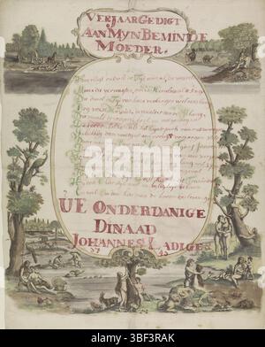 Pays-Bas, pays-Bas, Wenbrief met Adam en Eve in het paradijs, pays-Bas, recto - manuscrit à l'encre rouge et verte, Wenbrief met overschrift cartouche binnen een cadre décoratif met voorgestingen van Adam en Eve in het Paradise. Message manuscrit en calligraphie (poème d'anniversaire) de Johannes Ladiges à sa mère., imprimé, imprimé folklorique, lettre de voeux, estampes, impressions folkloriques, verso-estampillé, timbre d'anniversaire, à ma mère bien-aimée, Comment se déroule rapidement le tyd à al, la rébellion ..., hauteur 411 mm, largeur 323 mm, hauteur 384 mm, largeur 326 mm, imprimeur, 1745 - 1745, papier, encre, gravure, Banque D'Images