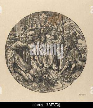 Pays-Bas, Cornelisz. Van Oostsanen, Jacob, de ronde Passie, de Judaskus, Cornelisz van Oostsanen, D'une série de douze tirages. Découpe du cadre. Judas embrasse Christ menotté par des soldats. Pierre avec épée relevée, attaque Malchus., impression, diamètre 233 mm, pays-Bas du Nord, 1475 - 1533, graveur, 1517 - 1533, premier quart 16ème siècle, papier, gravure sur bois Banque D'Images