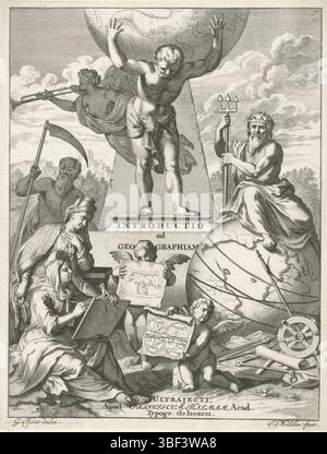 Utrecht, Halma, François, Hoet, Gérard (I), Amsterdam, Mulder, Joseph, page d'accueil pour : J. Luyts, Introductio ad geographiam novam et veterem, 1692, Allegorie op de geografie, Utrecht, verso - estampillé, dans le milieu Atlas torche le monde sur ses épaules. Sur la droite se trouve Neptune avec le trident sur un globe. Sur la gauche se trouve le temps du Père. Devant lui se tient Cybèle, souverain de la nature, avec la couronne du mur sur sa tête et une clé et un sceptre dans sa main. Elle regarde par-dessus l'épaule d'une femme qui dessine et tient une boussole dans sa main. Au premier plan montrent deux cartes putti. Page de titre d'un livre sur Banque D'Images
