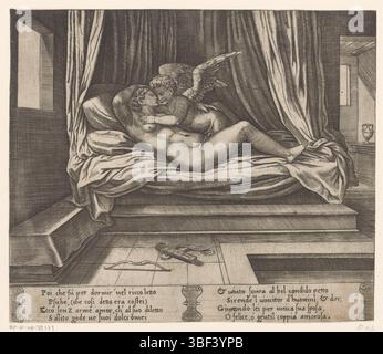Coxie, Michiel (I), Italie, Maître des dés, histoire d'Amor et Psyché, Amor et Psyché comme amants, verso - estampillé, Amor et Psyché sur le lit comme amants. Sur la gauche une fenêtre ouverte et au premier plan l'arche et la flèche du boîtier Amor. Texte italien dans deux cartouches dans la marge inférieure. Deux numérotés en bas à gauche : 9., impression, hauteur 195 mm, largeur 228 mm, italien, allemand, graveur, 1530 - 1560, papier, gravure, gravure (processus d'impression), conception d'oeuvre, Hollande du Sud, 1499 - 1592-03-10 Banque D'Images