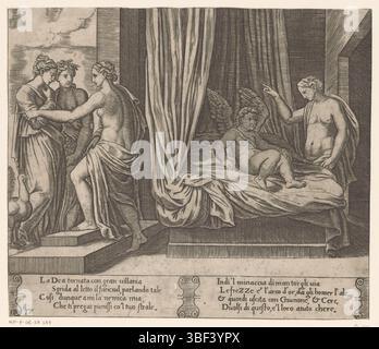 Coxie, Michiel (I), Italie, Maître des dés, histoire d'Amor et Psyché, Vénus punit Amor, verso - estampillé, Vénus punit son fils Amor pour son amour pour la fille du roi Psyché. Sur la gauche se trouve Psyché avec les déesses Junon et Cérès. Texte italien dans deux cartouches dans la marge inférieure. Deux numérotés en bas à gauche : 17., impression, hauteur 195 mm, largeur 227 mm, italien, allemand, graveur, 1530 - 1560, papier, gravure, gravure (procédé d'impression), ton de plaque, conception de travail, Hollande du Sud, 1499 - 1592-03-10 Banque D'Images