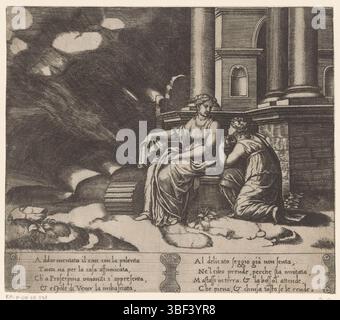 Coxie, Michiel (I), Italie, Maître des dés, histoire d'Amor et Psyché, Psyché reçoit la cruche avec la beauté de Proserpina, verso - estampillé, dans le monde souterrain Psyché reçoit la cruche remplie de la beauté de Proserpina, la reine du monde souterrain. Texte italien dans deux cartouches dans la marge inférieure. Deux numérotés en bas à gauche : 27., impression, hauteur 199 mm, largeur 231 mm, italien, allemand, graveur, 1530 - 1560, papier, gravure, gravure (procédé d'impression), ton de plaque, conception de travail, Hollande du Sud, 1499 - 1592-03-10 Banque D'Images