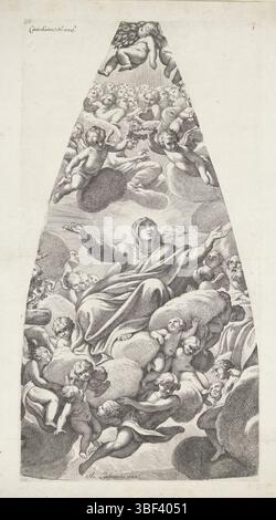 Rome, Lanfranco, Giovanni, Italie, Cesio, Carlo, Ascension de Marie, Rome, verso - estampillé, Marie est portée au ciel par des anges. Les anges tiennent une couronne au-dessus de sa tête., impression, hauteur 550 mm, largeur 285 mm, italien, 1622 - 1682, graveur, 1636 - 1686, papier, gravure, dramaturge intermédiaire, après dessin, 1582-01-26 - 1647-11-30, après peinture de Banque D'Images