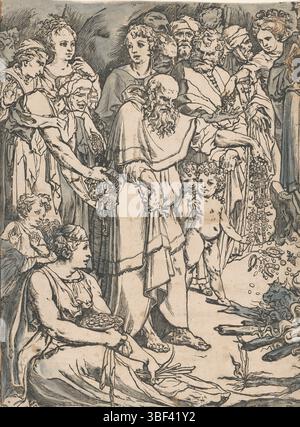 Sienne, Beccafumi, Domenico, Vanni, Francesco, Italie, Andreani, Andrea, Moïse casse les tables de la loi (première partie), verso - estampillé, Moïse tient une tablette de pierre au-dessus de sa tête, prêt à la jeter. Droit le veau d'or honoré par le peuple., impression, hauteur 609 mm, largeur 453 mm, italien, 1559 - 1629, imprimeur, 1590 - 1590, papier, encre, gravure sur bois, couleurs à la main, pinceau, stylo, 1563 - 1610-10-26, dessinateur intermédiaire, après dessin, concept de travail, 1486 - 1551 Banque D'Images