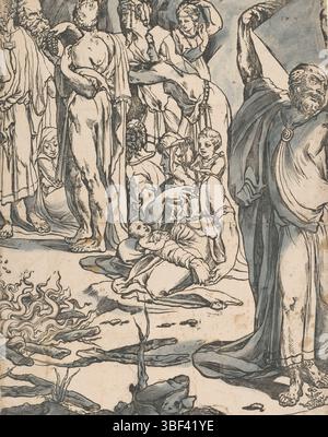 Sienne, Beccafumi, Domenico, Vanni, Francesco, Italie, Andreani, Andrea, Moïse casse les tables de la loi (deuxième partie), verso - estampillé, Moïse tient une tablette de pierre au-dessus de sa tête, prêt à la jeter sur le sol. Droit le veau d'or honoré par le peuple., impression, hauteur 600 mm, largeur 472 mm, italien, 1559 - 1629, imprimeur, 1590 - 1590, papier, encre, gravure sur bois, couleurs à la main, pinceau, stylo, 1563 - 1610-10-26, dessinateur intermédiaire, après dessin, concept de travail, 1486 - 1551 Banque D'Images