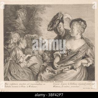 Couronne française, Watteau, Jean Antoine, France, Audran, Benoît (II), les entretiens badins, séduction entre hommes et femmes, verso - estampillé, impression, impression, hauteur 233 mm, largeur 258 mm, 1698 - 1772-01-09, imprimeur, 1708 - 1772, papier, gravure, français, 1684-10-10 - 1721-07-18, après, par peinture, fournisseur de privilège Banque D'Images