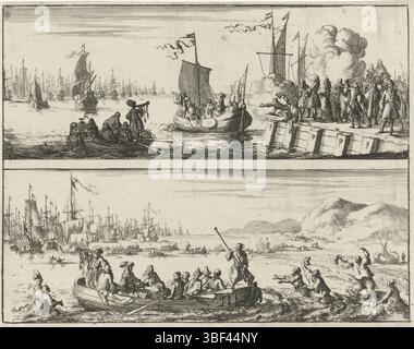 Utrecht, Polesum, Jurriaen van, Amsterdam, Luyken, Jan, départ et arrivée du prince Willem III en Angleterre, 1688, Utrecht, Blade rencontre des performances en biede. Au-dessus du départ du prince Guillaume III en Angleterre de Hellevoetsluis le 11 novembre 1688. Sous l'arrivée sur la côte anglaise, 15 novembre 1688., impression, hauteur 110 mm, largeur 134 mm, Néerlandais du Nord, 1649-04-16 - 1712-04-05, graveur, 1689 - 1689, papier, gravure, imprimante Banque D'Images