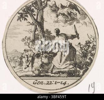 Amsterdam, Goeree, David, Amsterdam, Willem (II), Luyken, Jan, offre van Isaak, verso - estampillé, Abraham est sur le point de sacrifier son fils Isaak. Un ange l'arrête (Gen. 22 :1-14)., impression, illustration de livre, estampes, diamètre 45 mm, Noord-Nederlands, 1649-04-16 - 1712-04-05, imprimeur, 1700 - 1700, papier, gravure, publication (événement), publication, éditeur Banque D'Images