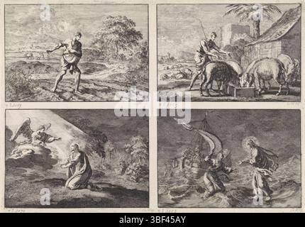 Amsterdam, mortier, Pieter (I), Haarlem, Luyken, Jan, quatre représentations du Nouveau Testament, Amsterdam, verso au milieu - estampillé, quatre représentations sur un magazine. A gauche se trouve la parabole du semeur et du Royaume des cieux. Juste au-dessus du fils perdu comme un pigherd. Laissé sous Christ dans le jardin de Gethsémani. En bas à droite Christ marche au-dessus de l'eau lors d'une tempête sur le lac de Galilée., impression, hauteur 221 mm, largeur 316 mm, nord-néerlandais, 1649-04-16 - 1712-04-05, graveur, 1703 - 1703, papier, gravure, publication (événement), publication, français, 1661 - 1711, éditeur Banque D'Images