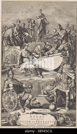 Inconnu, Amsterdam, mortier, Pieter (I), Luyken, Jan, page d'accueil : J. Clericus, Atlas antiquus, sacer, ecclesiasticus et profanus, 1705, inconnu, verso - estampillé, Une femme assise étudie une carte avec un groupe d'hommes. Derrière elle une peinture à l'image du Christ guérissant un aveugle. Au-dessus d'Aaron et Moïse, pointant avec son bâton sur la carte. À la droite d'Abraham et d'Isaac sur leur chemin vers Moriah. Deux rois et trois guerriers romains à droite. Au premier plan se trouve un guerrier sur la gauche, appuyé sur un bouclier représentant le vol d'Énée de Troie. Sur la droite, un empereur romain entre Banque D'Images