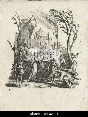 Callot, Jacques, Nancy, Callot, la petite passion, prison, verso en bas à gauche - estampillé, Christ est trahi par Judas avec un baiser. Les soldats sont prêts à emmener Christ avec eux. Cette estampe fait partie de la série 'de kleine passive', composée de 12 scènes de la Lijdverhaal., estampe, hauteur 77 mm, largeur 59 mm, Frans, 1592-08-21 - 1635-03-24, graveur, 1624 - 1625, premier quart 17e siècle, deuxième quart 17e siècle, papier, gravure, conception d'œuvres, selon son propre dessin Banque D'Images