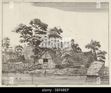 Koker, Anna Maria de, maisons sur un étang, verso - estampillé, sur un étang, où deux canards nagent, se trouve une maison en bois avec à droite de celui-ci dans l'eau un hangar. Dans le fond, vous pouvez voir un certain nombre de maisons entre les arbres et les oiseaux mouches dans le ciel., impression, hauteur 158 mm, largeur 202 mm, - 1698-05-17, graveur, 1640 - 1698, papier, gravure, gravure Banque D'Images