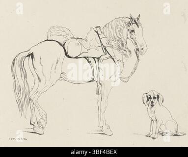 Amsterdam, Klinkhamer, Hendrik Abraham, cheval sellé et chien, Amsterdam, verso - estampillé, étude d'un cheval sellé avec une bride et un chien assis., impression, hauteur 143 mm, largeur 199 mm, Néerlandais, 1810-01-09 - 1872-1-01, imprimeur, 1841 - 1841, papier, contre-épreuve, contre-empreinte Banque D'Images