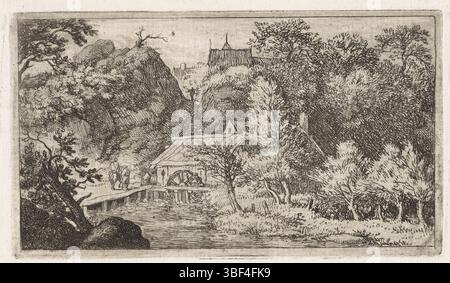 Pays-Bas, Everdingen, Allaert van, Moulin à eau au pied d'une montagne, pays-Bas, paysage surplombant trois personnes dans un moulin à eau. Derrière les montagnes il y a quelques toits visibles., impression, hauteur 84 mm, largeur 147 mm, Noord-Nederlands, 1621-06-18 - 1675-11-08, graveur, 1631 - 1675, papier, gravure, gravure Banque D'Images