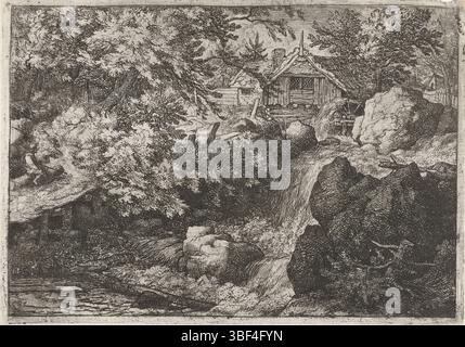 Pays-Bas, Everdingen, Allaert van, Moulin à eau près d'une cascade, pays-Bas, vue d'une cascade avec un moulin à eau au sommet. Sur le chemin le long de l'eau est un homme assis sur un tronc d'arbre., impression, hauteur 144 mm, largeur 205 mm, Noord-Nederlands, 1621-06-18 - 1675-11-08, graveur, 1631 - 1675, papier, gravure, gravure Banque D'Images