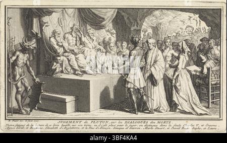 Picart, Bernard, Amsterdam, Picart, Judgment de Pluton, sur les dialogues des morts, jugement de Pluton, verso en bas à droite - estampillé, Pluton, le Dieu des enfers, est assis sur son trône pour juger les âmes du défunt. Une procession de personnes historiques décédées - dont Erasmus - s'est réunie pour lui. En arrière-plan le Tartarus, la partie du monde souterrain où les damnés sont punis. Dans la marge une légende de deux lignes en français., impression, illustration de livre, impressions, hauteur 77 mm, largeur 132 mm, Noord-Nederlands, 1673-06-11 - 1733-05-08, graveur, 1727 - 1727, deuxième quart 18ème cent Banque D'Images