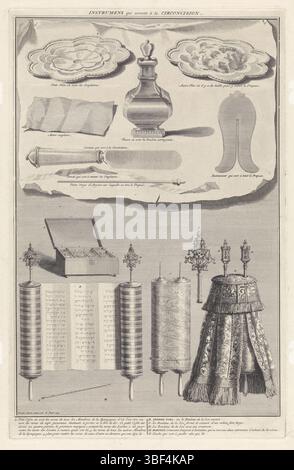 Amsterdam, Picart, Bernard, Amsterdam, inauguration de la Synagogue portugaise à Amsterdam, 1675, objets servant à une circoncision juive, les rouleaux de la Torah, verso - estampillé, feuille avec deux représentations. Au-dessus de divers objets, utilisés dans une circoncision juive. Sous un rouleau ouvert de Torah, un rouleau fermé et un rouleau de Torah avec manteau. Au bas d'un signet ou JAD, qui est utilisé lors de la lecture des parchemins. Dans la boîte se trouvent les noms des membres de la synagogue, à partir desquels on peut tirer les noms des lecteurs. En bas dans la marge une explication en français., imprimer, livre illust Banque D'Images