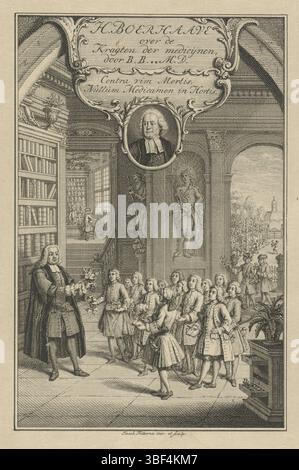 Folkema, Jacob, Folkema, page d'accueil pour : H. Boerhaave, papier sur les crampes de la médecine, 1756, Hermanus Boerhaave enseigne à un groupe d'étudiants, verso - estampillé, Hermanus Boerhaave enseigne à un groupe d'étudiants sur le pouvoir médical des herbes. Derrière son dos un mur de livres. Dans une niche dans l'espace est une image d'Apollon. Sur la droite, par une grande arche, vous pouvez voir un jardin botanique. Au-dessus de cette performance un portrait d'auteur., impression, page de titre, impressions, hauteur 185 mm, largeur 134 mm, néerlandais, 1692 - 1767, graveur, 1756 - 1756, papier, gravure, concept de travail, selon sa propre conception Banque D'Images