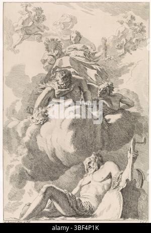Amsterdam, Schenk, Leonard, Amsterdam, Lairesse, Gerard de, inconnu, Glauber, Johannes, biblique, performances mythologiques et allégoriques, Concord a enchaîné la colère : une allégorie sur l'unité, verso au milieu - estampillée, dans les nuages Eendracht, avec la cornucopie et avec un bouquet de flèches dans sa main. Autour de son putti. Elle a enchaîné la personnification déchirée. Au premier plan la personnification de la rivière ij. L'estampe est une peinture au plafond de Gérard de Lairesse et fait partie d'une série avec des performances bibliques, mythologiques et allégoriques., estampe, hauteur 300 mm, largeur 198 mm, 1646 Banque D'Images
