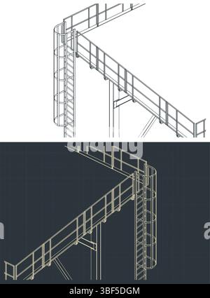 Structure métallique industrielle avec dessins isométriques en échelle gros plan sur les illustrations vectorielles stylisées Illustration de Vecteur