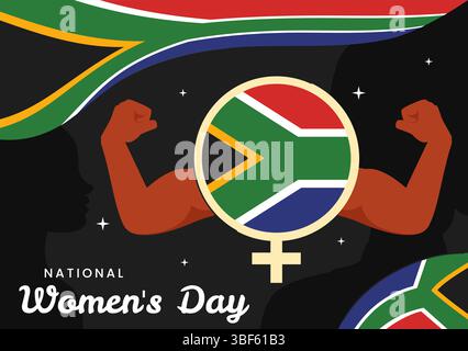 Joyeuse Journée des femmes en Afrique du Sud célébration illustration vectorielle mettant en vedette une femme noire ethnique et agitant un drapeau sur un fond de fête nationale Illustration de Vecteur