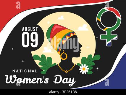 Joyeuse Journée des femmes en Afrique du Sud célébration illustration vectorielle mettant en vedette une femme noire ethnique et agitant un drapeau sur un fond de fête nationale Illustration de Vecteur