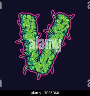 Vert cannabis Bud lettre V illustrations vectorielles pour votre logo de travail, t-shirt de marchandise, autocollants et conceptions d'étiquettes, affiche, cartes de voeux Adversi Illustration de Vecteur