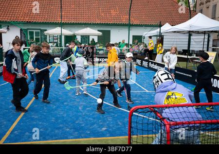 Prague, République tchèque. 30 mai 2025. Les garçons jouent au floorball lors d'un événement célébrant la Journée internationale de l'enfance dans un complexe sportif à Prague, en République tchèque, le 30 mai 2025. Crédit : Dana Kesnerova/Xinhua/Alamy Live News Banque D'Images