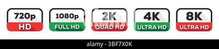 HD 2K 4K résolution 8K qualité étiquettes Set Icons Collection Illustration de Vecteur