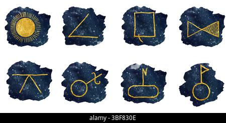 Symboles astrologiques dorés et aspects sur ciel étoilé. Illustration aquarelle. Ensemble de symboles pour les étoiles, phases de lune, isolé sur fond blanc. T Banque D'Images