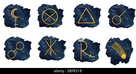 Symboles astrologiques dorés et aspects sur ciel étoilé. Illustration aquarelle. Ensemble de symboles pour les étoiles, comète, isolé sur fond blanc. Thème o Banque D'Images