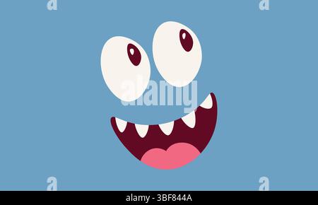 Visage de monstre de dessin animé mignon. Drôle de personnage bleu avec de grands yeux. Illustration de créature joyeuse. Illustration de Vecteur
