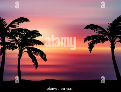 Coucher de soleil paysage océanique avec des palmiers silhouettés au premier plan Illustration de Vecteur