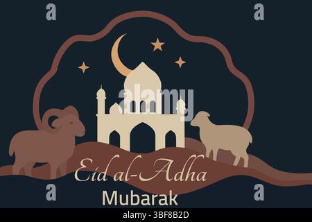 Eid al-Adha Moubarak avec Mosquée et moutons Festival islamique carte de voeux : Eid al-Adha scène de nuit Eid Moubarak Celebration Design traditionnel Eid al-ad Illustration de Vecteur
