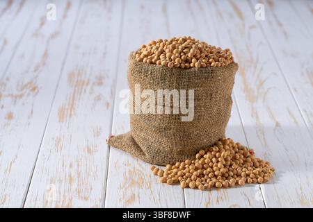 Soja biologique dans un sac. Sac avec des graines de soja biologiques. Soja biologique dans un sac en toile de jute et un tas de soja. Banque D'Images