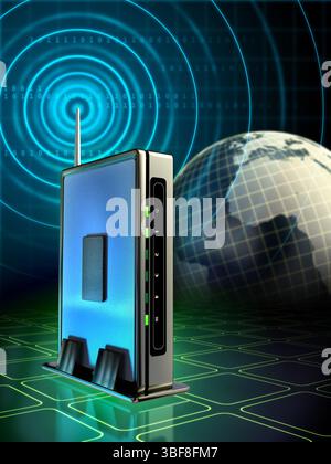 Routeur sans fil élégant avec ondes radio provenant de son antenne. Illustration numérique Banque D'Images